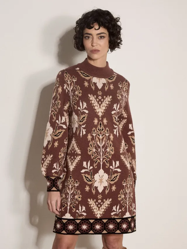 Apricot Mini-trui-jurk met folkloristische bloemenprint bruin