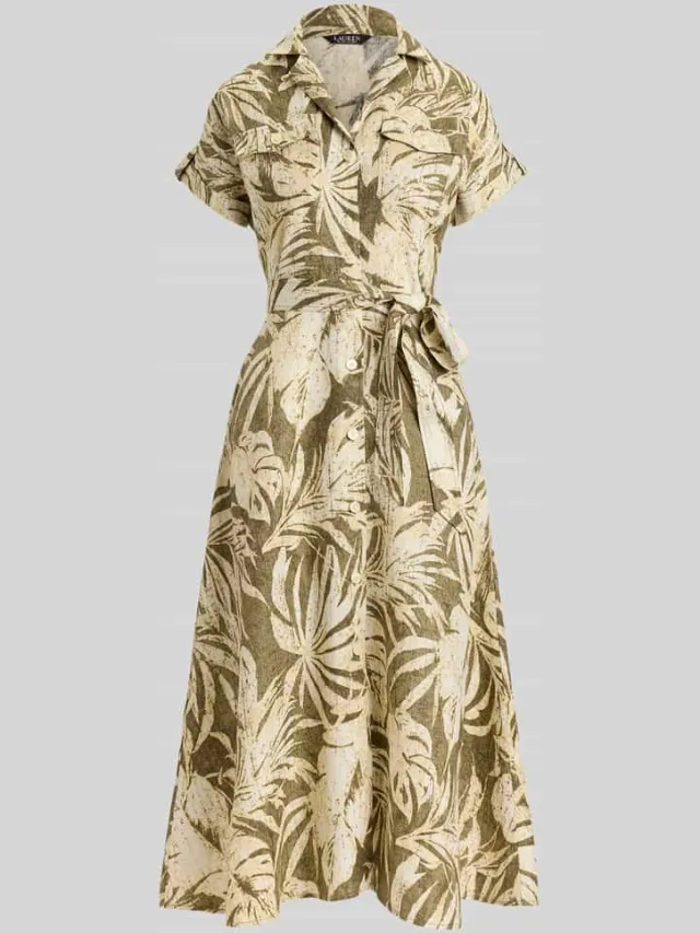 Lauren Ralph Lauren Jurk van puur linnen met strikceintuur kaki, foto 2
