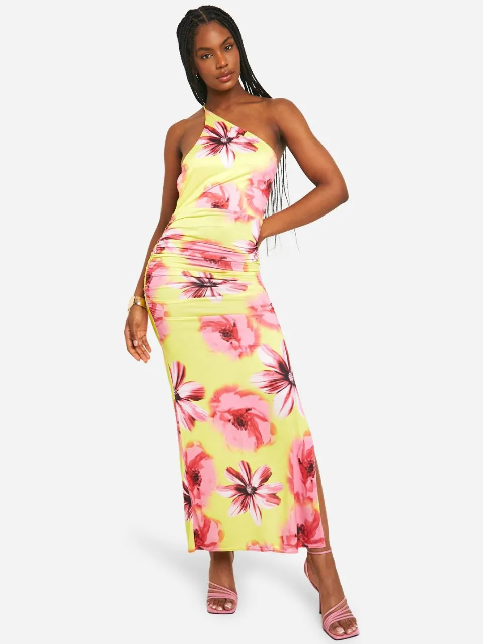 boohoo Dames Lange Slinky Asymmetrische Bloemen Maxi Jurk citroen, foto 2