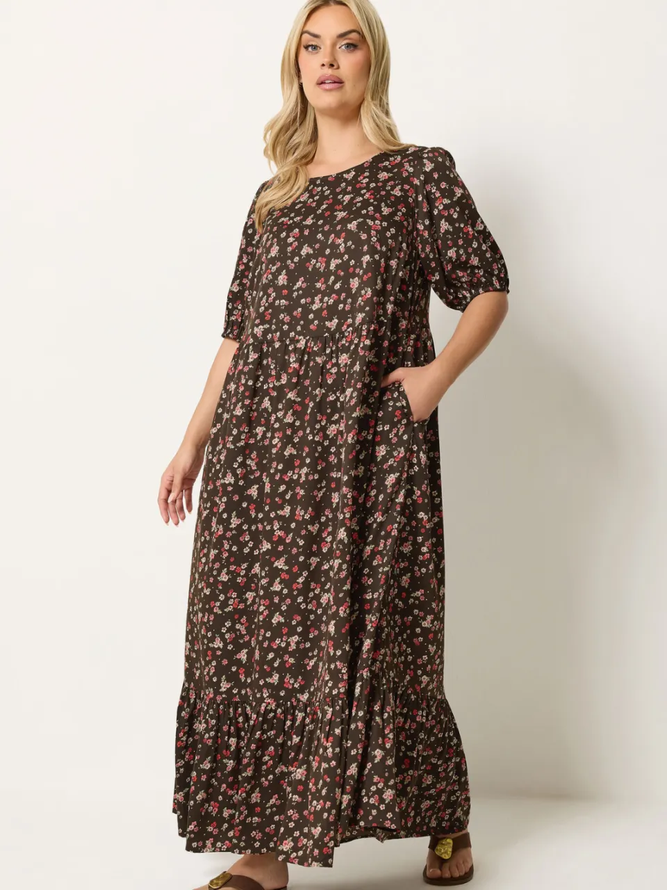 Yours Bruine Smock Maxijurk Met Fijne Bloemenprint-64, foto 2