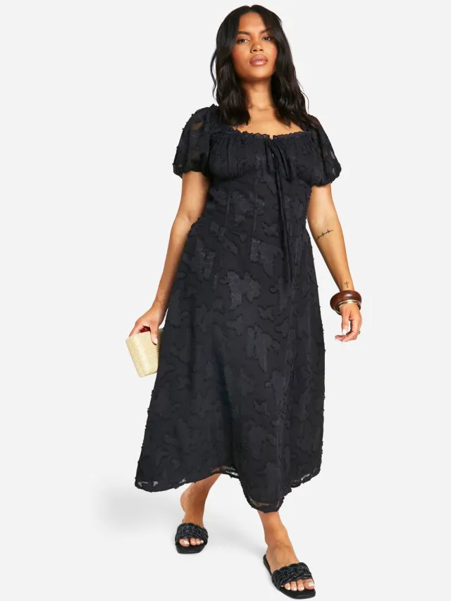 boohoo Dames Plus Burnout Milkmaid Midi Jurk Zwart