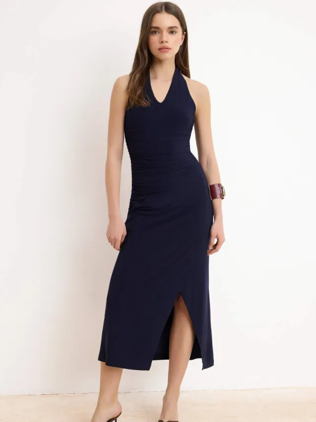 Trendyol TRENDYOLMİLLA Dames Donkerblauw Effen Maxi Mouwloos Bodycon Jurken Marineblauw/Blauw