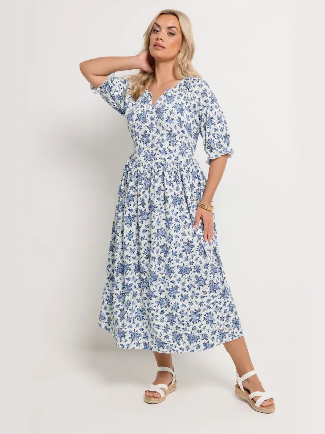 Yours Witte Maxijurk Met Bloemenprint, Polka Dots En Notch Neck-52 Blue