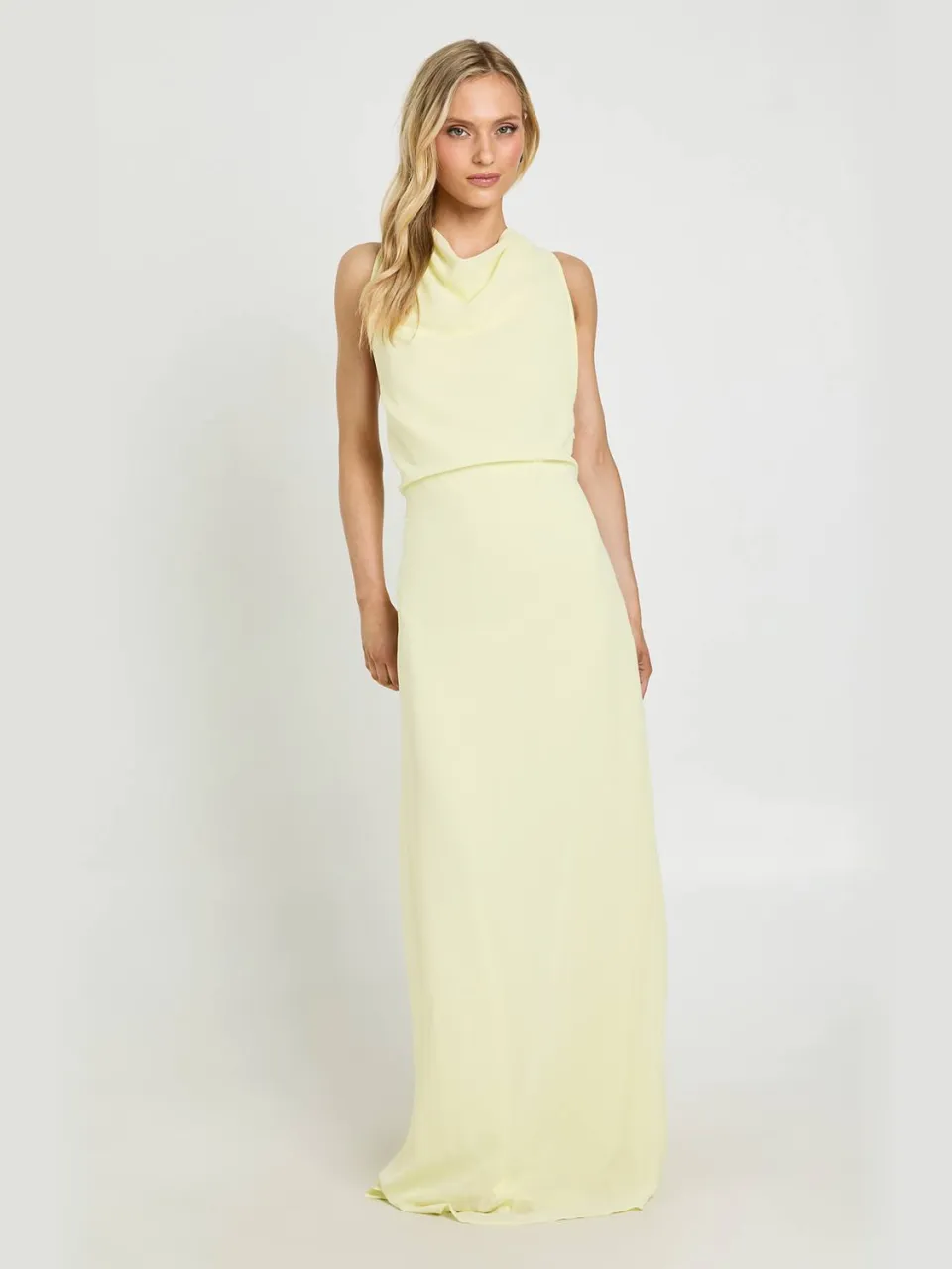 boohoo Dames Petite Chiffon Maxi Jurk Met Hoge Col Hals En Open Rug citroen, foto 3