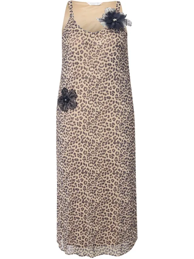 MIAMODA Dames - Maxi-jurk van mesh A-lijn luipaard 3D-bloemen - Champagnebeige