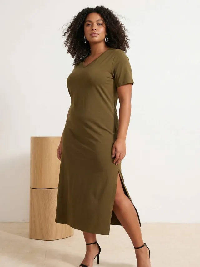 Trendyol Curve Dames Kaki Effen Midi Kort Casual Recht Grote maten Jurk