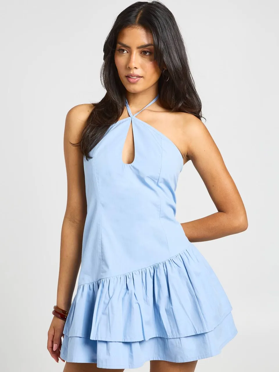 boohoo Dames Katoenen Popeline Halternek Jurk Met Asymmetrische Zoom babyblauw, foto 3