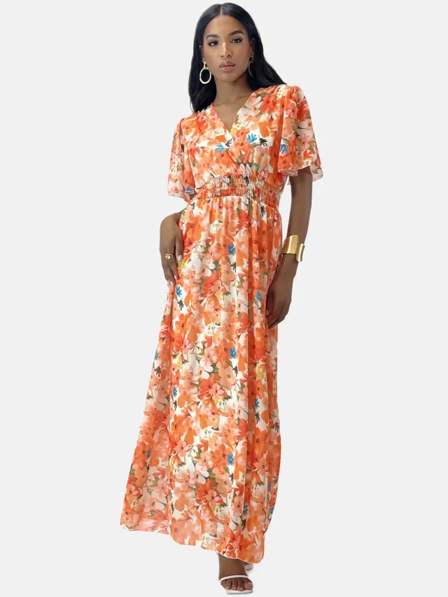 Elara Sommer-Maxikleid mit V-Ausschnitt Orange