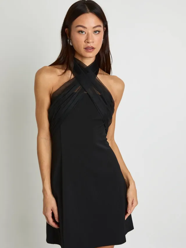 boohoo Dames Lange Tulle Halternek Minikjurk Zwart