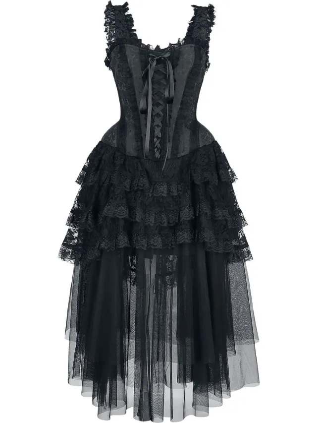 Gothicana Zwarte halflange gothic jurk met corsage - Dames