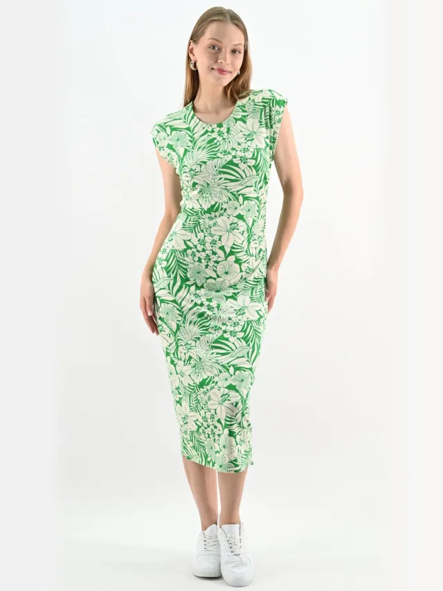 YESMOOI Midi Knit Dress Side Drape - S (36) Groen