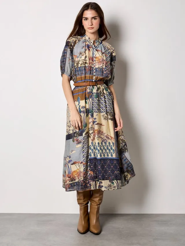 Apricot Midi-jurk met patchworkprint Navy/Multi
