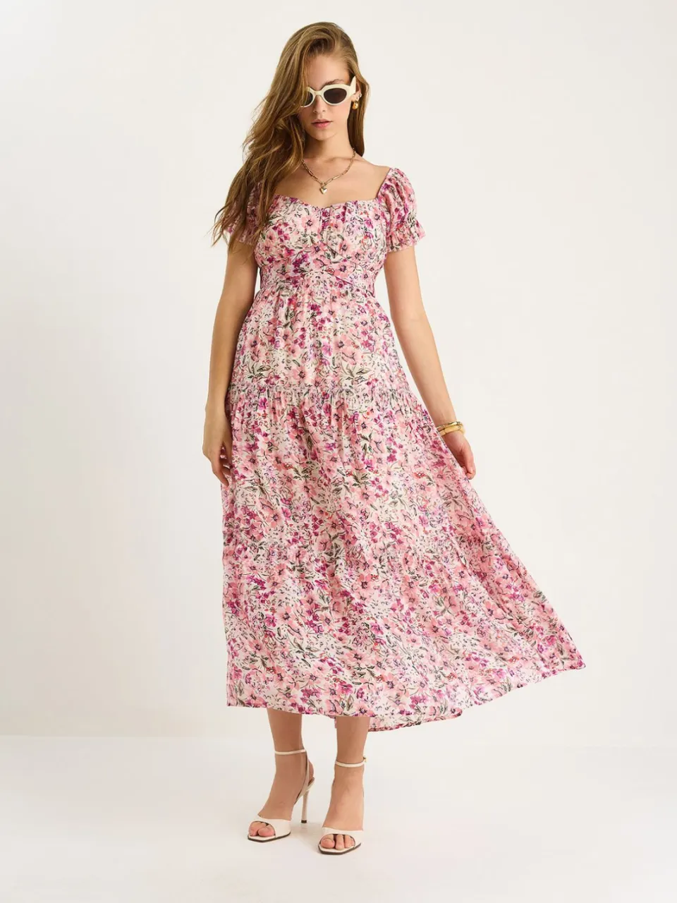 Bianco Lucci Midi-jurk met hartkraag en bloemenprint roze, foto 2