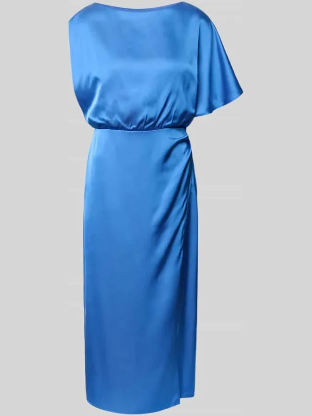 Comma Schitterende midi-jurk in one-shoulder look koningsblauw