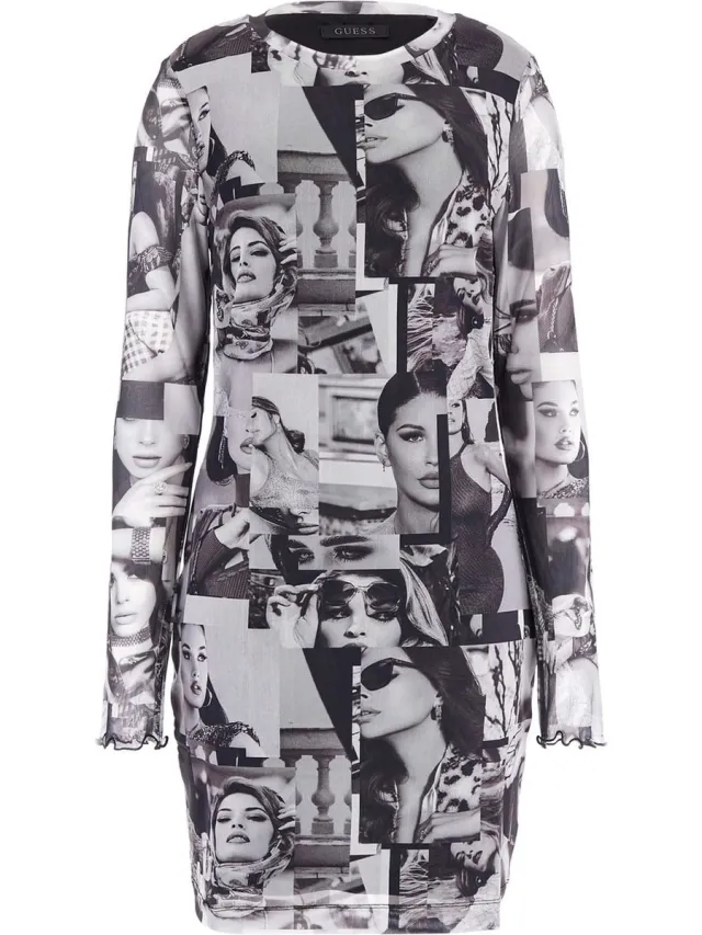 Guess LS Adriana Mesh Dress Dames Jurk - Multi Print Iconinc Collage Print