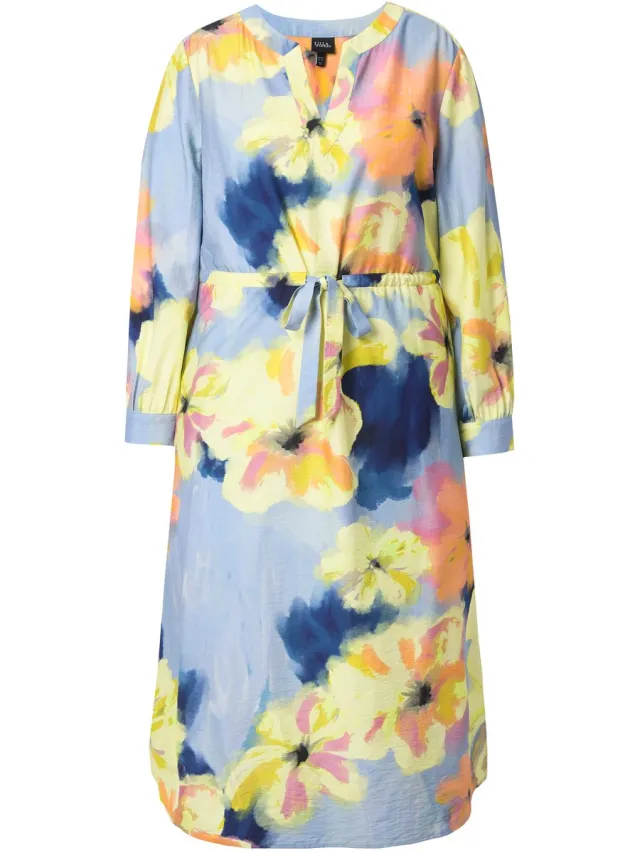 Ulla Popken Dames - Maxi-jurk bloemen A-lijn tuniekhals lange mouwen - Lichtblauw - Maat 42+