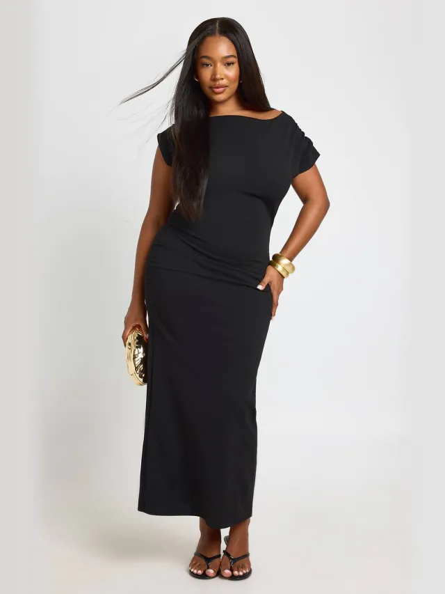 boohoo Dames Plus Crepe Asymmetrische Hals Draperie Midi Jurk Zwart
