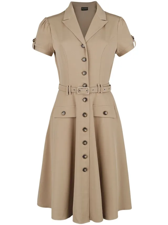 Voodoo Vixen Ida Safari Flare Dames Midi-jurk - bruin