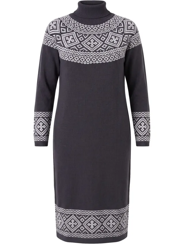 MIAMODA Dames - Gebreide midi-jurk rechte pasvorm Noors patroon - Leisteen - Maat 46+
