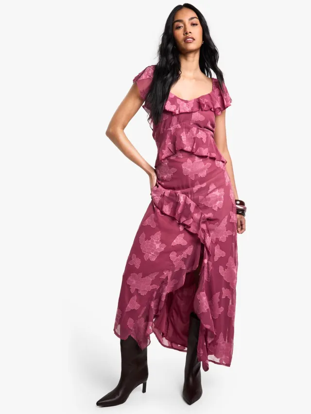 boohoo Dames Jacquard Bloemen Ruffle Maxi Jurk Roos