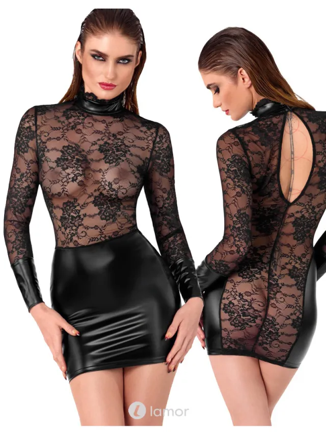 NOIR handmade Wetlook mini jurkje met Kant, F2719347