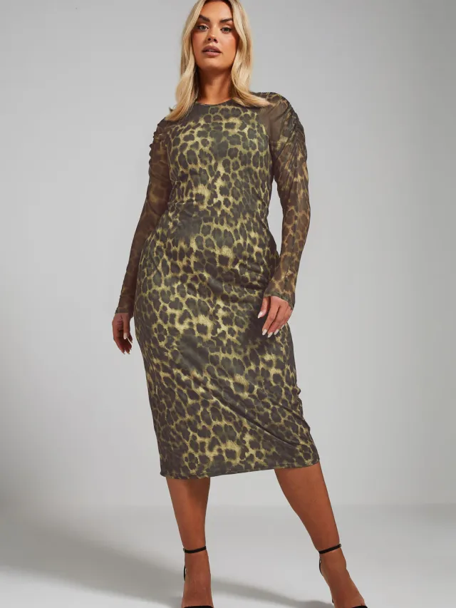 Limited Collection Midijurk Met Luipaardprint En Meshmouwen Met Ruches In Bruin-60 Brown