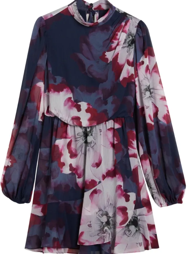 Ted Baker Aracely Bedrukte Jurk Met Lange Mouwen In Marineblauw Met Strik Bij De Hals, foto 2