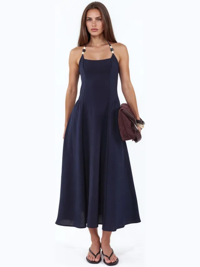 Hiccup Midi-jurk met halternek en kraaldetails Marineblauw