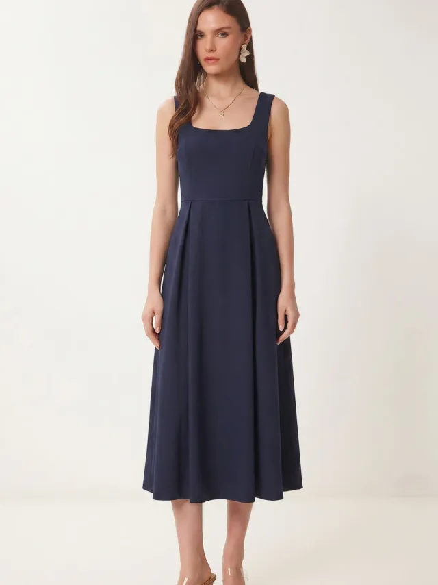Happiness Istanbul Vierkante Kraag A-Vorm Midi Jurk met Ritssluiting Marineblauw