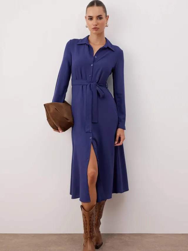 Trendyol TRENDYOLMİLLA Dames Donkerblauw Effen Midi Lang Casual Blousejurk Jurken Marineblauw/Blauw