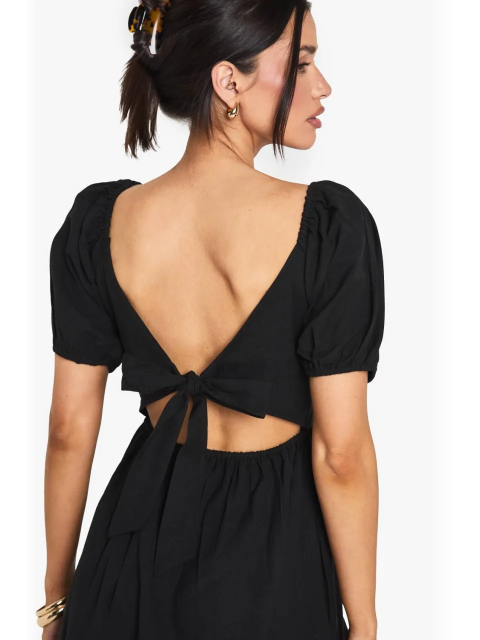 boohoo Dames Lange Linnen Maxi Jurk Met Pofmouwen zwart, foto 2