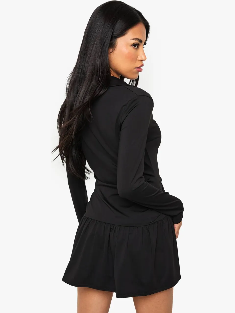 boohoo Dames Mini-jurk met kraag, vallende zoom en lange mouwen zwart, foto 3