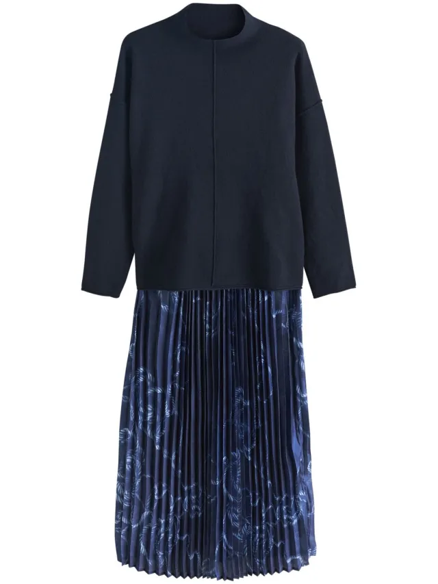 Next Dames - Petite 2-in-1 gebreide trui met geplooide midi-rok - Petite - Blauw Navy Blue Nautical Print