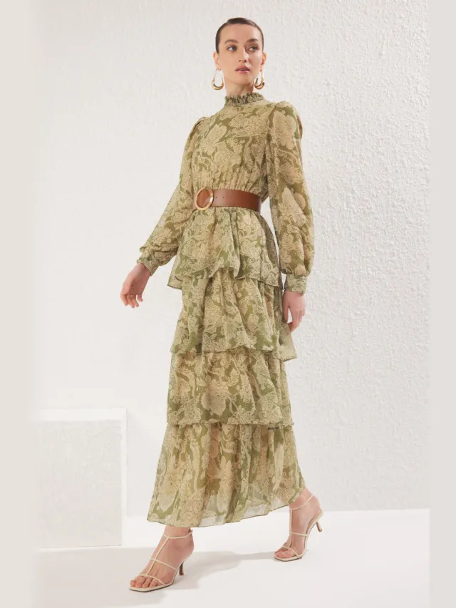 Trendyol Modest Dames Groen Bloemen Maxi Lang Casual Skater Modest Jurken