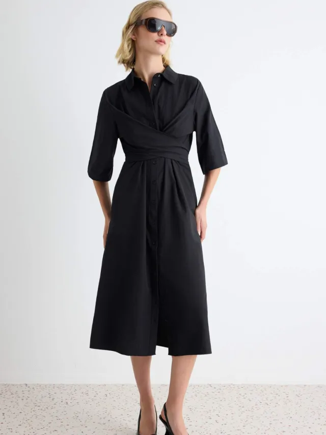 Trendyol TRENDYOLMİLLA Dames Zwart Effen Midi Driekwart mouw Casual Blousejurk Jurken