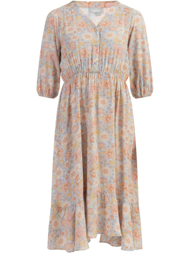 Usha midi-jurk Blauw Veelkleurig