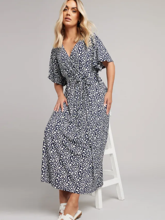 Yours Maxi Wikkeljurk Met Abstracte Print En Korte Mouwen In Donkerblauw/Wit-56 Blue