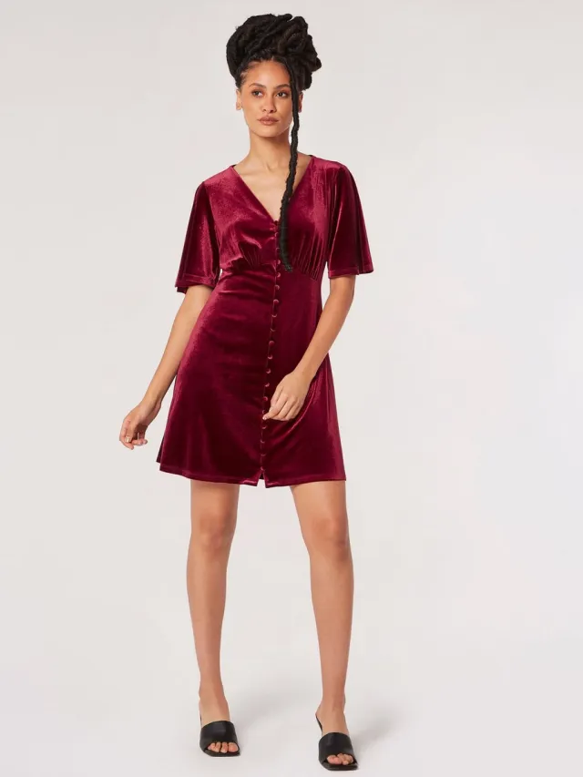 Apricot Mini-jurk van fluweel met knoopsluiting Burgundy