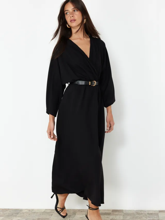 Trendyol TRENDYOLMİLLA Dames Zwart Effen Midi Driekwart mouw Casual Double-breasted Jurken