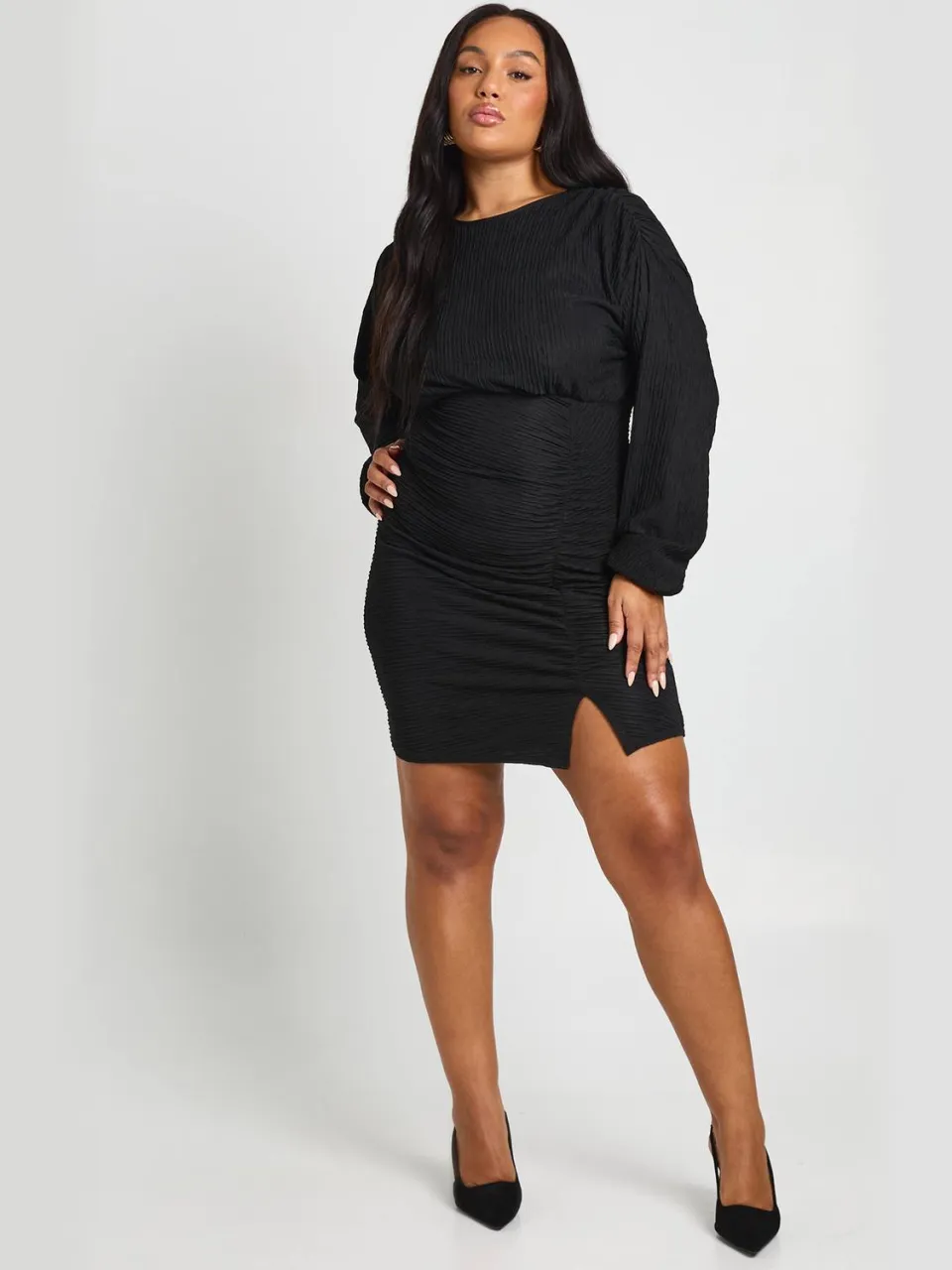 boohoo Dames Plus gerimpelde gefronceerde lange mouwen mini-jurk zwart, foto 3