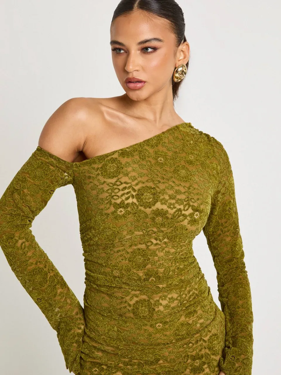 boohoo Dames Fluwelen kant lange mouw mini-jurk groente, foto 4