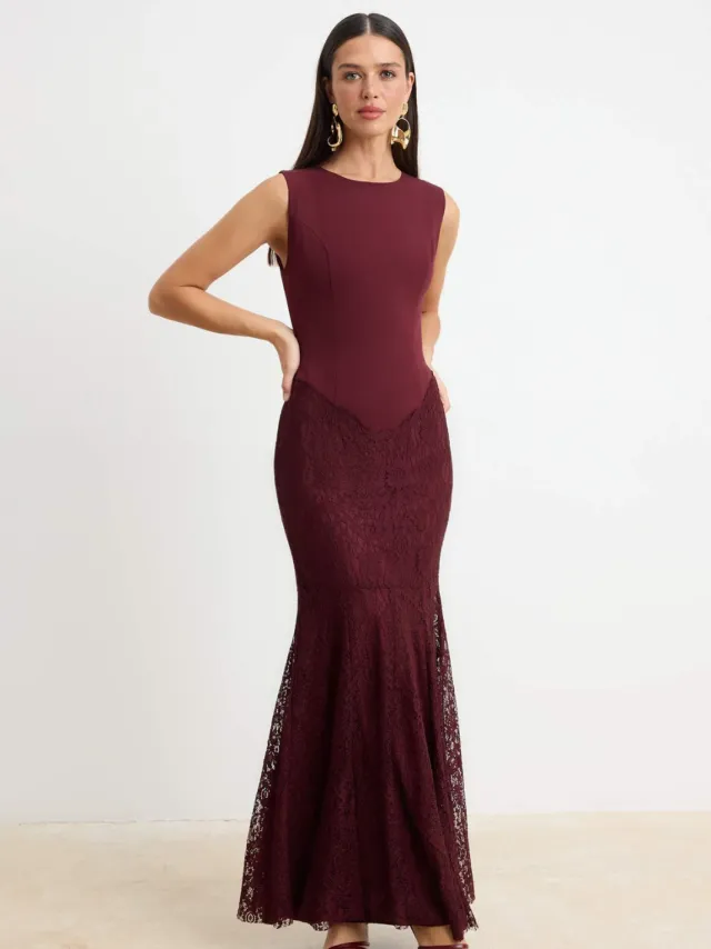 Trendyol TRENDYOLMİLLA Dames Bordeaux Effen Maxi Mouwloos Feest Zeemeermin Avond & Gala Jurk Bordeauxrood