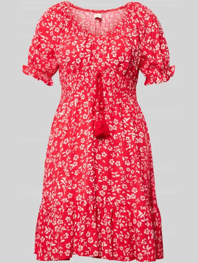 Apricot Mini-jurk van viscose met sierkwastjes en smokdetails Rood