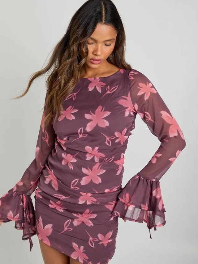 boohoo Dames Bloemenprint chiffon mini-jurk met ruches Bordeaux Rood