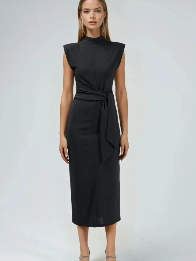 Busem Kraage-detail Midi-jurk met Strik Zwart