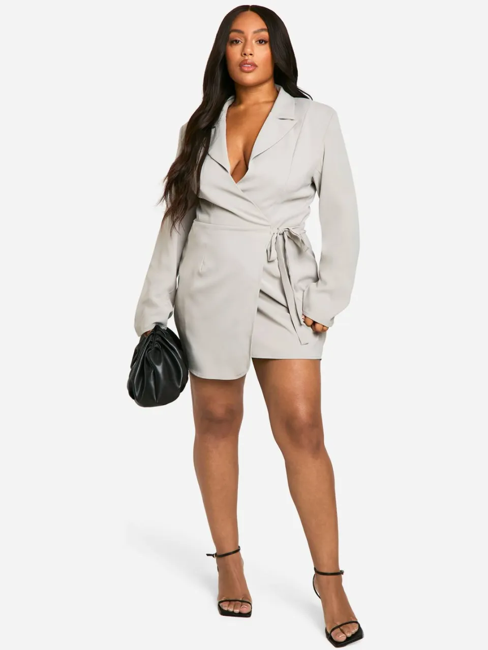boohoo Dames Plus Geweven Op Maat Gemaakte Wikkeljurk grijs, foto 2