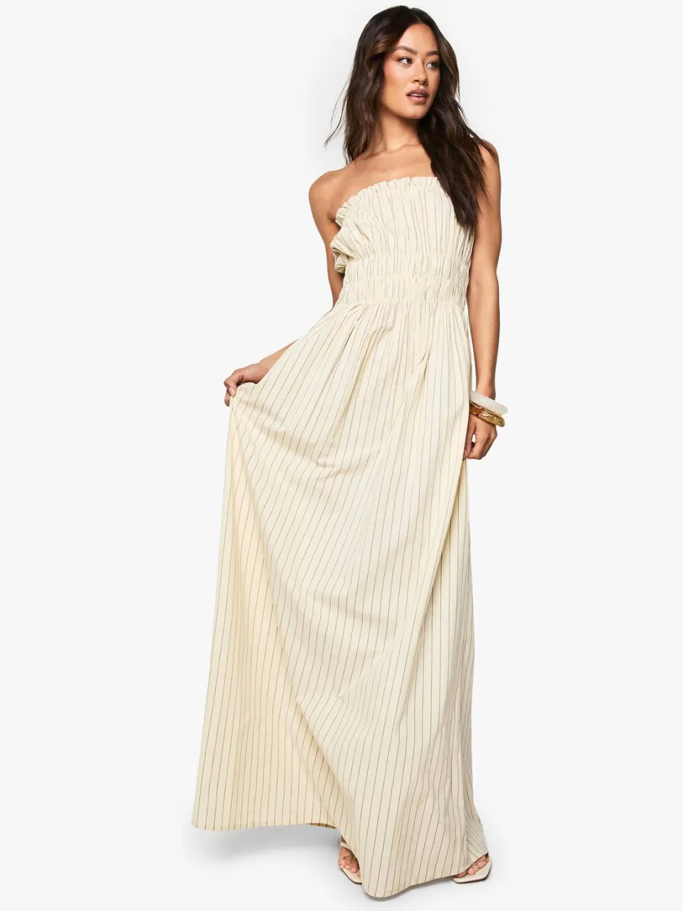 boohoo Dames Hoge linnen look gestreepte maxi jurk met plooien ecru, foto 2