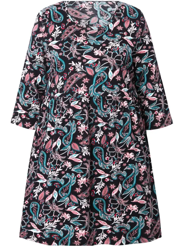 Ulla Popken Dames - Jersey jurk paisley A-lijn tuniekhals 3/4-mouwen - Zwart - Maat 54+