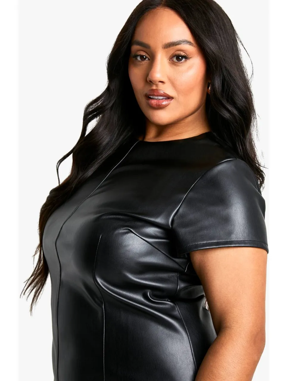 boohoo Dames Plus PU Cap Sleeve Shift Jurk zwart, foto 3