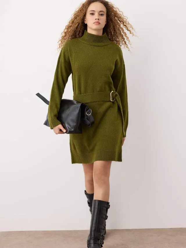 Trendyol TRENDYOLMİLLA Dames Kaki Effen Extra Kort / Super Mini Lang Casual Recht Jurken